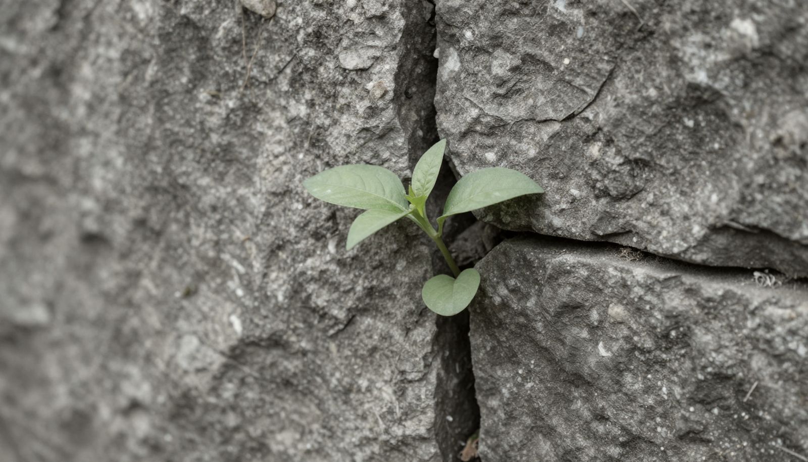 Ein junger grüner Trieb wächst aus einem schmalen Riss in einer verwitterten Steinmauer.